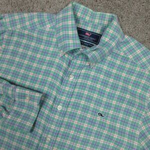 Vineyard Vines Shirt Mens Medium Green Plaid Slim Fit Whale Twill Flannel Button